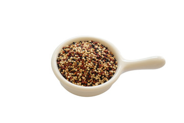 Quinoa seeds in the white cup isolated on white background.  Quinoa is a good source of protein for people following a plant-based diet. 