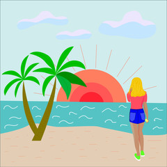 Fototapeta na wymiar Image of the sea, sunset, palm trees and girl on the shore. Flat style, vector graphics, for recreation and tourism