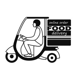delivering the food to the car. black and white drawing with the inscription on the box food delivery, online order. stock vector illustration. EPS 10.
