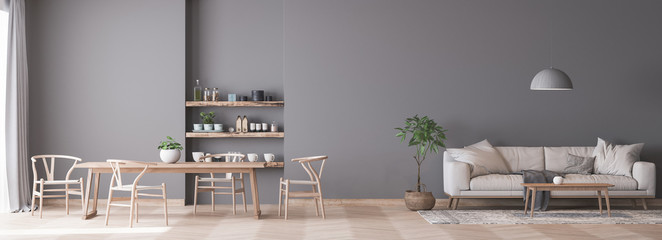 Panorama of living room space with white comfy sofa and wooden dining area on gray wall  and wooden home accessories, minimal interior  © lilasgh