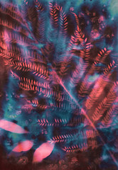 Abstract hand painted pink blue  fabric background with leaves