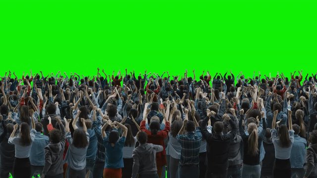 Green Screen: Crowd of People Having Fun, Cheering, Applauding, Celebrating at Sport Event, Concert, Festival, Party. Back View. Chroma Key, Black Screen, Silhouette White People on Black Background