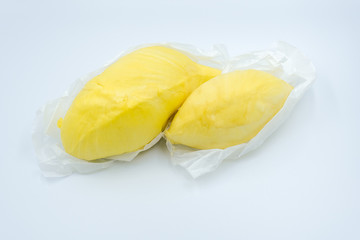 Close-up two piece of Thai durian. king of fruits and tropical fruit from Thailand isolated on white background, Flat lay. Top view of durian.