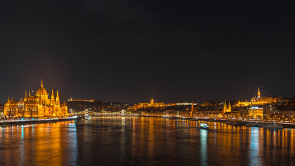 View of Budapest and the river Danube from the Margit Bridge. Parliament on the left, Chain Bridge in the middle, Buda Castle on the right.