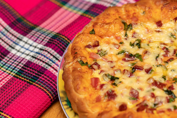 Quiche Lorraine. Homemade cake. Traditional open French pie.