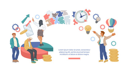 Workflow organization and management website banner with business people team. Teamwork process and deadlines respect. Efficient workday and effective time planning. Vector isolated illustration.