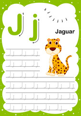 Colorful letter J Uppercase and Lowercase alphabet A-Z, Tracing and writing daily printable A4 practice worksheet with cute cartoon animals - vector illustration exercise for kids