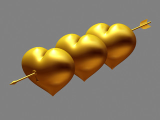 three hearts hit by arrow in gold