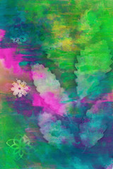 Abstract hand painted blue green pink fabric background with leaves and flowers