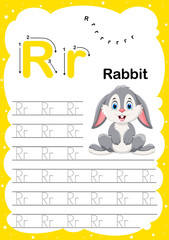 Colorful letter R Uppercase and Lowercase alphabet A-Z, Tracing and writing daily printable A4 practice worksheet with cute cartoon animals - vector illustration exercise for kids