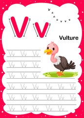 Colorful letter V Uppercase and Lowercase alphabet A-Z, Tracing and writing daily printable A4 practice worksheet with cute cartoon animals - vector illustration exercise for kids