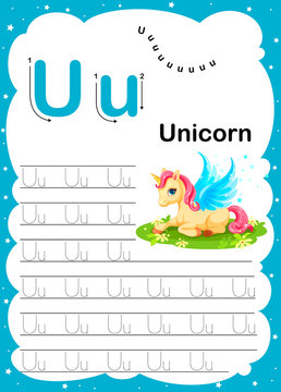 Colorful letter U Uppercase and Lowercase alphabet u, Tracing and writing daily printable A4 practice worksheet with cute cartoon animals - vector illustration exercise for kids