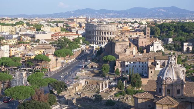 Aerial view of Rome cityscape with the Colosseum and church of Santi Luca e Martina with the remains of the Roman Forum, the famous travel destination of Italy.