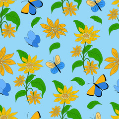 Fototapeta na wymiar Seamless pattern sunflowers and butterflies on a blue background. For the design of textiles, prints on pillows, dishes, kitchen towels, notebook covers