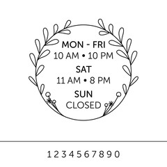 Business hours for cafe. Sticker with two graceful branches on the window