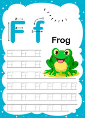 Colorful letter F Uppercase and Lowercase alphabet A-Z, Tracing and writing daily printable A4 practice worksheet with cute cartoon animals - vector illustration exercise for kids