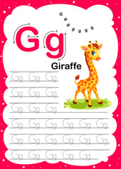 Colorful letter g Uppercase and Lowercase alphabet A-Z, Tracing and writing daily printable A4 practice worksheet with cute cartoon animals - vector illustration exercise for kids