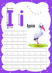 Colorful letter i Uppercase and Lowercase alphabet A-Z, Tracing and writing daily printable A4 practice worksheet with cute cartoon animals - vector illustration exercise for kids
