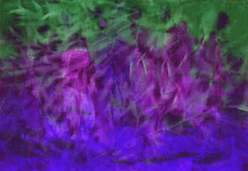 Obraz na płótnie Canvas Abstract hand painted green and purple fabriс background with irregular colorful spots and leaves