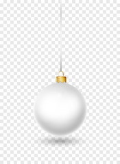 White Christmas ball with ribbon and bow. Realistic isolated vector. New year toy decoration. Holiday decoration element