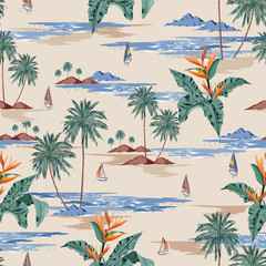 Retro seamless tropical island pattern on light beige ocean background. Landscape with palm trees,beach and ocean vector hand drawn style.Design for fashion,fabric,web,wallaper,wrapping - obrazy, fototapety, plakaty