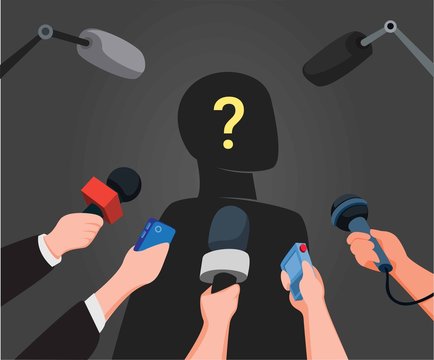 journalist hands holding microphones performing interview with silhouette mysterious people in cartoon illustration vector