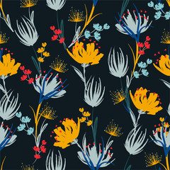 Colorful contrast hand paint brush floral Seamless repeat pattern with flowers vector EPS10.Design for fashion,fabric,web,wallpaper,wrapping and all prints