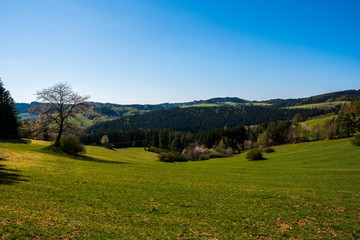 green field in the mountains with a valley below and the sun on the horizon, czech