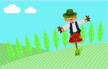 Scarecrow in countryside farmland ploughed field with light cloudy blue sky
