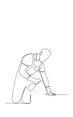 Continuous single line vector illustration of a man cleaning the desk using a sprayer and rag