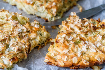 Lazy pie with cabbage and dill according to the Turkish recipe on a wooden table