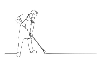  A man cleaning the floor using mop. Continuous single line vector illustration