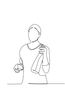 continuous one line drawing of young woman carries rag and sprayer  