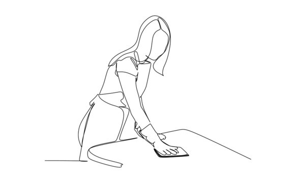 continuous one line drawing of a young woman in apron cleans the desk using duster cloth