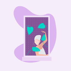 Purple window with a girl after a shower