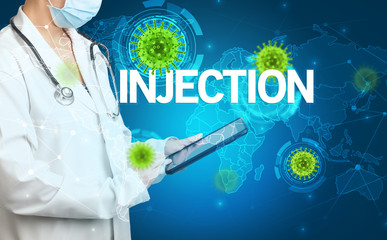 Doctor fills out medical record with INJECTION inscription, virology concept