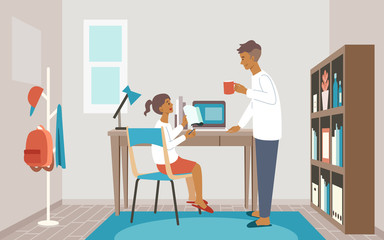 Vector illustration of Child at home with tutor or parent getting education