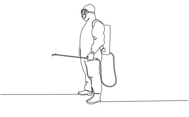 Continuous one line drawing illustration vector of a man in protective suit spraying disinfectant to clean and disinfect virus