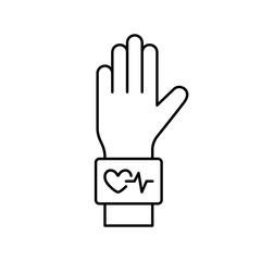 Digital wristband with heart rate check. Electronic blood pressure monitor. Black Linear illustration of measuring heartbeat on wrist, hand with cuff. Contour isolated vector icon on white background