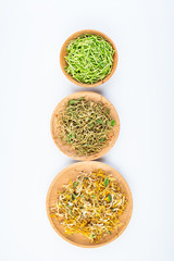 Wild honeysuckle and fresh honeysuckle dried on white background