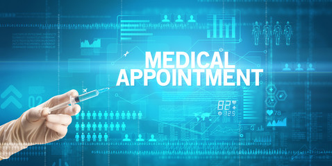 Close-up view of doctor's hand in a white glove holding syringe with MEDICAL APPOINTMENT inscription, healthcare and medical concept