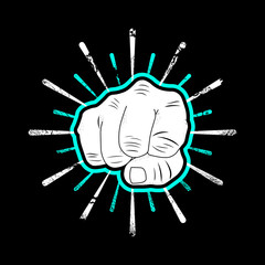 Clenched fist, grunge design with sun burst. Vector illustration on black background