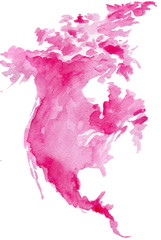 abstract watercolor pink and purple map of north south america hand drawn isolated on white  background