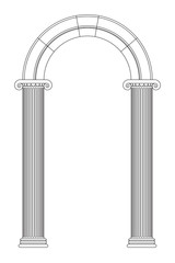 Antique ionic columns with arc. Line design, editable strokes. Vector illustration isolated on white background, EPS 10