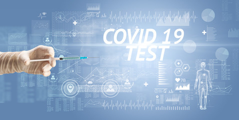 Syringe needle with virus vaccine and COVID 19 TEST inscription, antidote concept