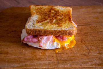 Sandwich with Egg, Bacon, Cheese and Spicy Sauce