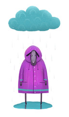 Sad sheep under the rain illustration isolated on white
