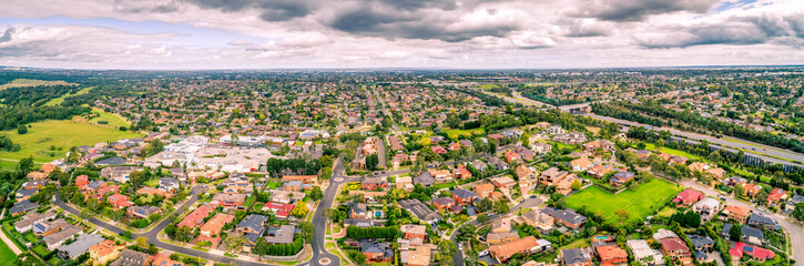 Aerial panoramic landscape of Mulgrave suburb and Eastlink tollway in Melbourne, Australia