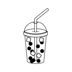 A plastic cup of iced boba/bubble drinks with a straw drawing. Isolated vector illustration