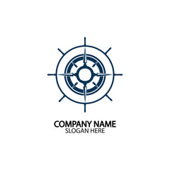 Ship steering wheel and conpass rose navigation symbol or logo isolated on white background - vector illustration